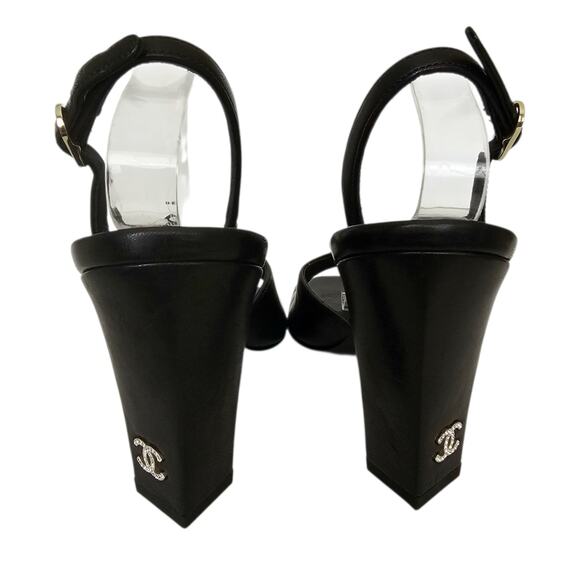 Chanel 24P CC Slingback Heel Sandal Size 38 US 7 7.5 Black Leather Block Heel - Picture 6 of 14